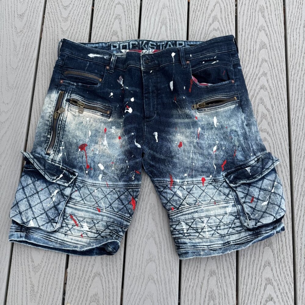Rockstar Original men's denim shorts Size 40 Moto Biker Zipper Paint Splatter